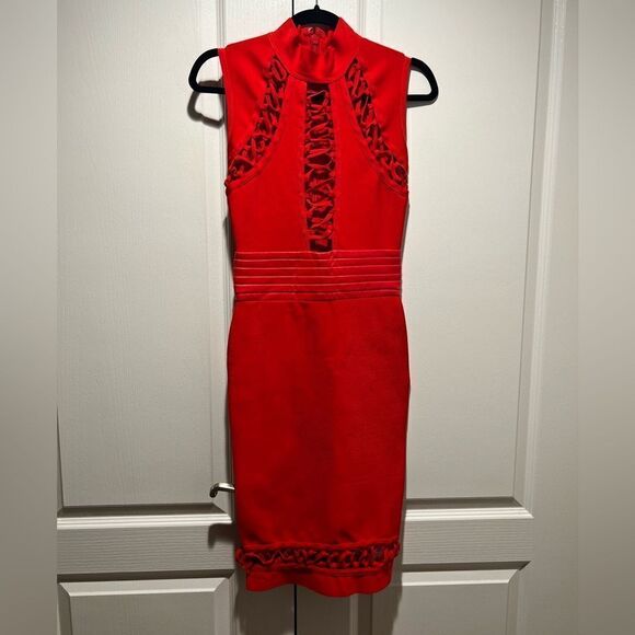 Red Bandage Cut Out Ruffle Midi Bodycon Dress XS - Picture 1 of 4